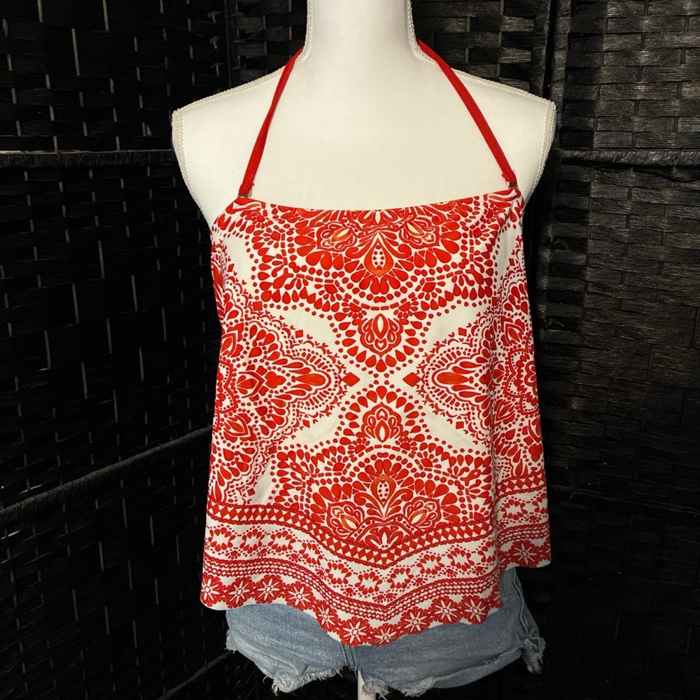 Kona Sol Red and White Patterned Halter Bikini Top